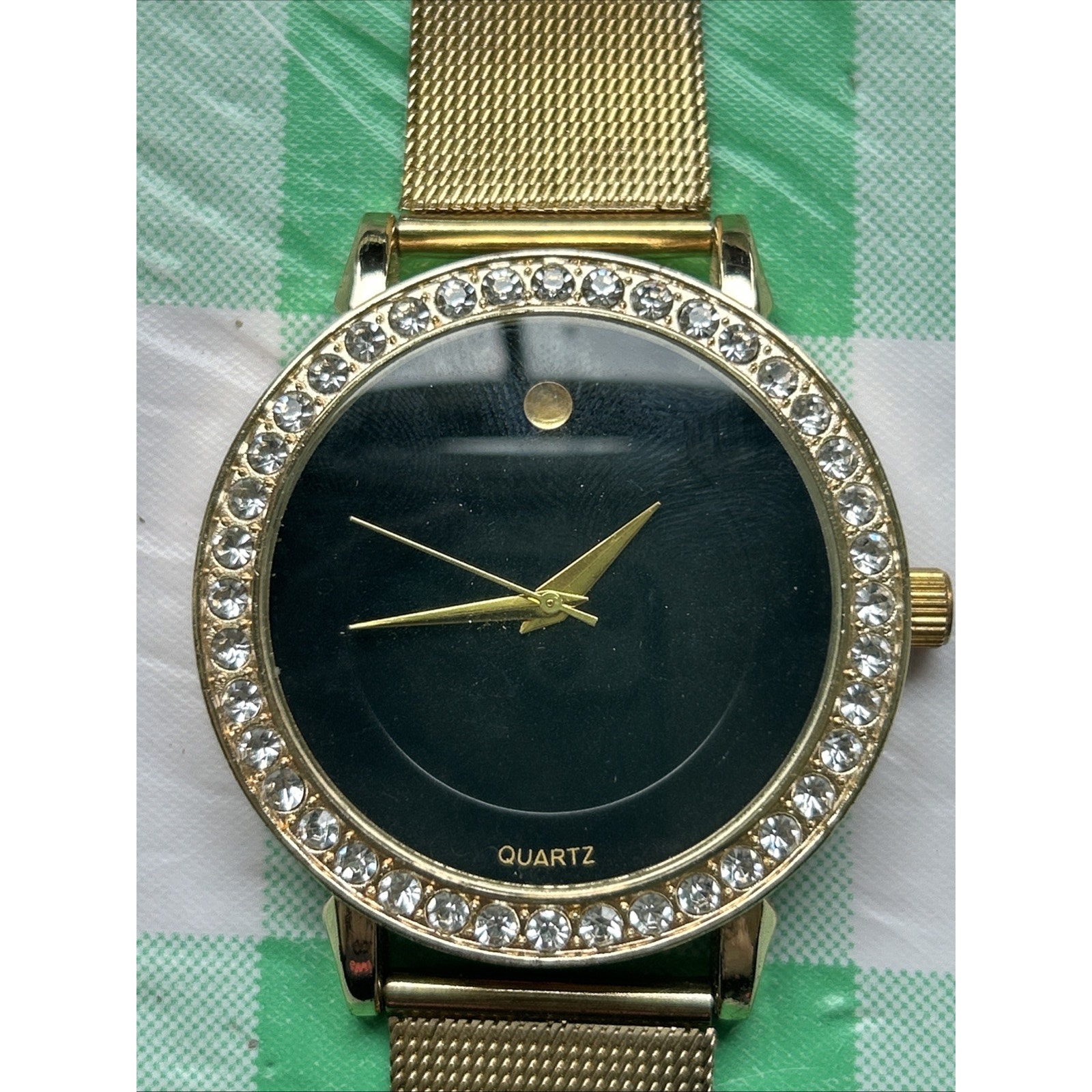 Gold Tone Black Dial Rhinestone Bezel Womens Quartz Watch